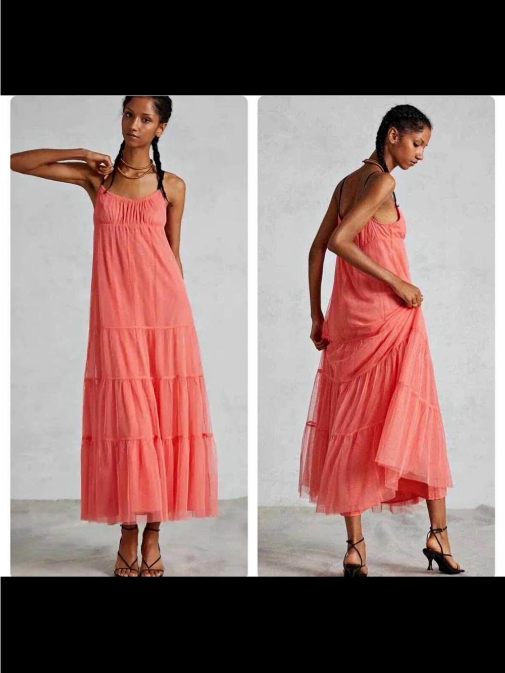 Anthropologie Coral Tiered Maxi Dress - Spaghetti Strap Evening Slip
